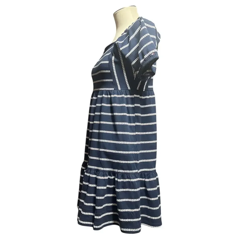 Tommy Hilfiger Short Sleeve Square Neck Tiered Dress Blue White XL 16